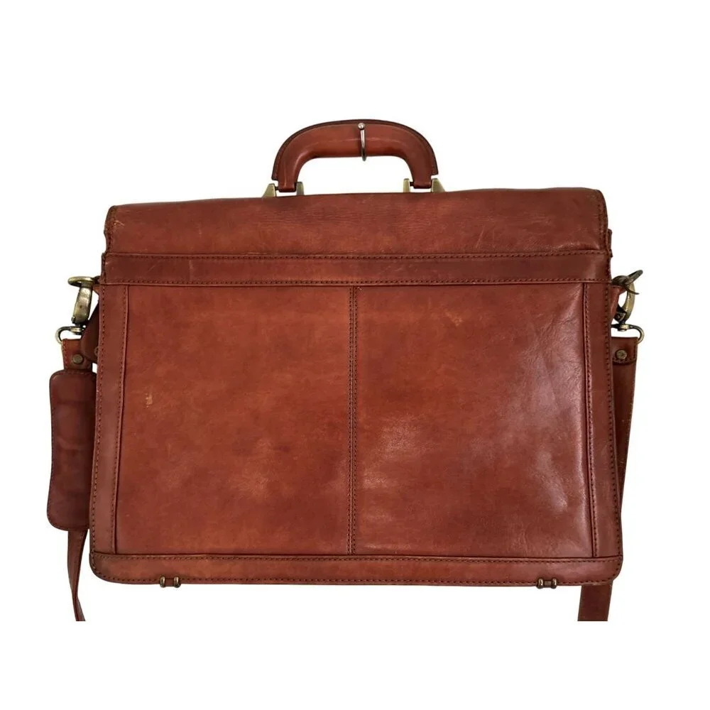 Vintage Orna Brown Leather Briefcase With Detachable Strap & Brass Hardware